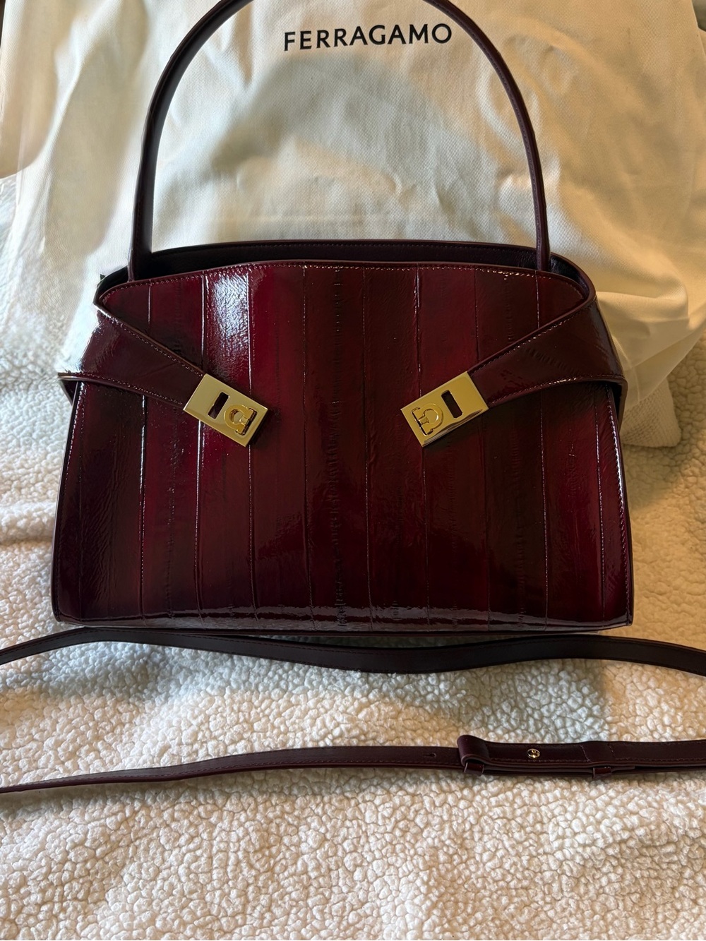 Salvatore Ferragamo Deep Burgundy Patent Shoulder Bag with Gold Hardware - Picture 5 of 14